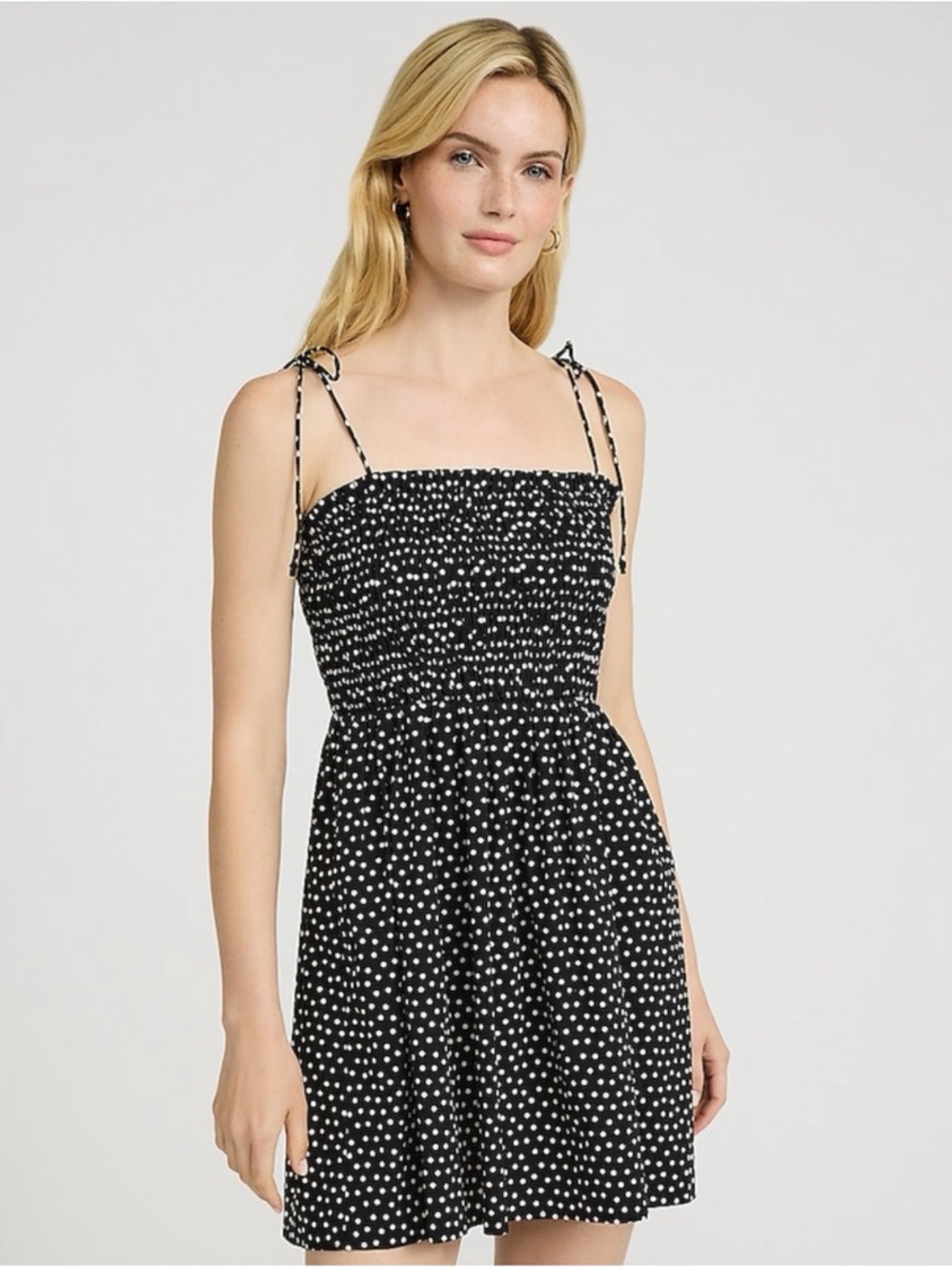 Express Poplin Polka Dot Tie Strap Smocked Fit and Flare Dress